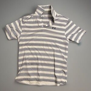 Under Armour Short Sleeve Polo Golf Shirt White Blue Stripes Logo Large JBHS